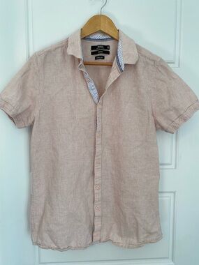 Indigo Men's Medium Short-Sleeve Button-Down Shirt Pale Pink Linen Cotton Blend